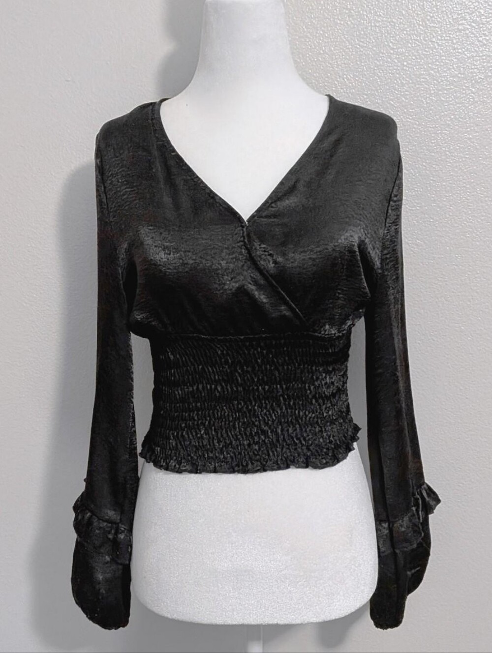 Altar'd State Black Gothic Smocked Ruffle Sleeve V-Neck Top | Size S